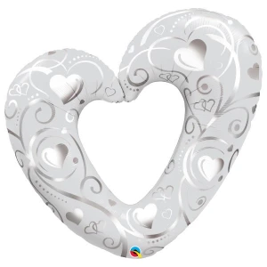 42 Inch (106 cm) Qualatex Hearts & Filigree Pearl White folie ballon